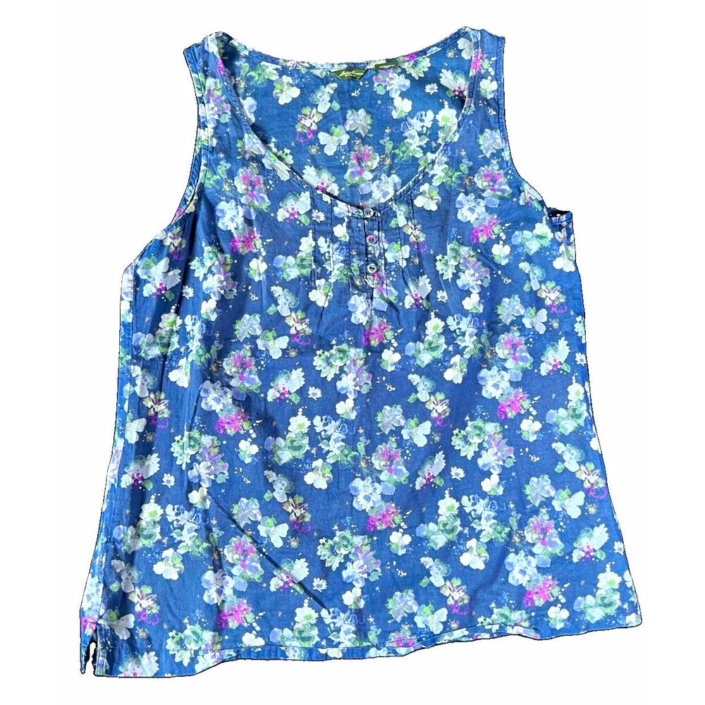 Eddie Bauer Womens Woven Cotton Floral Button Tank Top Blue Multi Size L